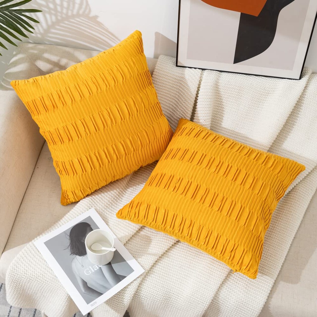 2 Pieces Fall Throw Pillow Cases, Striped Yellow Cushion Cases Velvet Pillow Covers for Farmhouse Home Decor, 16x16 Inch
